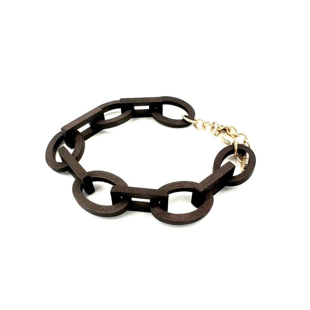 Marlyn Schiff Brown Wooden Link Bracelet – Gold Adjustable Clasp – 9" – NWT